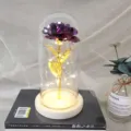 Purple gold foil artificial rose flower in glass dome with LED fairy lights wooden base. - Warm Light (Wood & Gold Leaf, Purple)
