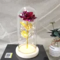Purple gold-foil rose glass dome lamp with LED fairy lights, romantic Valentine's gift decor. - Warm Light (Wood & Gold Leaf Flower, Rose Red)
