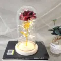 Gold foil rose flower in clear glass dome with warm LED lights for romantic gift decor - Warm Light (Wood & Gold Leaf Flower, Red)