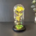 Gold foil rose in glass dome with LED fairy lights, romantic Valentine gift decor SKU. - Warm Lights (Rose Gold, Yellow 3-Leaf)