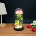 Pink artificial rose in glass dome with LED fairy lights for romantic gift home decor - Glass Cover Warm Light / Deep Pink