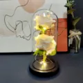 Preserved rose glass dome with LED string lights, white flower gift variant for decor. - Champagne