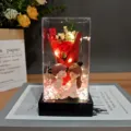 Romantic eternal rose soap flower gift box with couple figurine and led lights for valentines. - Acrylic Cover and Light / Red (Bouquet Couple)