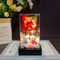 Caja de regalo de rosas de jabón eternas con ositos y luces LED para el día de San Valentín. - Cubierta de acrílico y luz / Rojo (Oso blanco)