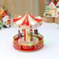 Christmas musical carousel ornament with rotating horses, festive lights, and detailed design. - S