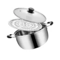 Stainless steel steamer pot with glass lid and steaming tray for cooking, dual handles. - 18cm With Steamer Plate