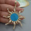 Detail shot of vintage sun pendant with turquoise center and sparkling rhinestones. - Turquoise Sun Pendant Only (Without Chain)