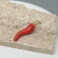 Red chili pepper pendant close up, gold ring detail, drop oil enamel jewelry DIY accessory. - Chili