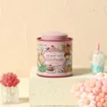 Pink metal scented candle jar with cute bunny illustration, perfect for gift and home decor. - Pink