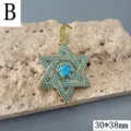 Vergoldeter Davidstern Anhänger mit blauen Steinen und türkisfarbenem Mittelstein Schmuck - Anhänger Ohne Kette (Mittleres Hexagramm) / 30x38mm / Stil B Gold