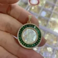 Vintage round mother-of-pearl portrait pendant detail with green crystal and sparkling gems. - Green