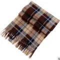 Detail view of winter plaid scarf with classic checkered pattern and fringe trim design. - Camel Plaid Scarf
