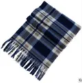Close-up view of the cozy blue plaid winter scarf featuring soft fabric and delicate fringes. - Navy Blue Plaid Scarf