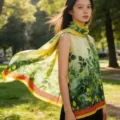 Detailed view of a green leaf print silk scarf, lightweight sheer shawl with elegant design. - Green Leaves Satin Scarves