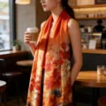 Close-up detail view of the elegant orange gradient floral silk scarf worn in cozy cafe. - Orange Floral Satin Scarves