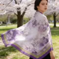 Elegant floral printed silk scarf detail, lightweight purple wrap shawl for women spring wear. - Plum Blossom Satin Scarves