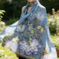 Blue floral and butterfly printed silk scarf, elegant lightweight shawl for women. - All-Over Blue Floral Satin Scarves