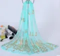 Lightweight turquoise chiffon scarf featuring elegant gold foil peacock feather print beach wrap. - Aqua Green Silk Scarf