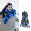 Écharpe à carreaux bleu femme automne hiver chaud douillet décontracté glands frange - Écharpe et châle en mohair à grands carreaux bleus