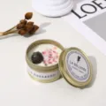 Gold scented candle in tin jar with crystal and dried flowers, natural soy wax, relaxing decor. - Blackberry and Bay