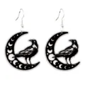 Gothic black and white raven moon phase wooden drop earrings, unique hollow design. - Moon Phase Raven Style
