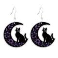 Gothic black cat crescent moon wooden earrings detailed shot showcasing unique design. - Purple Flower Vine Black Cat Style