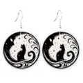 Gothic style black cat moonlit night wooden dangle earrings, unique round design jewelry. - Black Cat Moon Night Style
