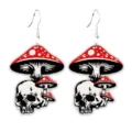 Detailed view of gothic skull and red mushroom wooden dangle earrings, unique design. - Red Mushroom Skull Style