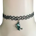 Close-up view of black tattoo choker necklace with cute witch pendant for Halloween. - Green Witch (5)