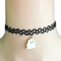 Close-up of a black stretch tattoo choker necklace featuring a cute white ghost pendant. - Little White Ghost (3)