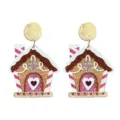 Weihnachten lebkuchenhaus ohrringe glitzer acryl rosa herz süßer feiertag schmuck geschenk. - Gold Verbunden Lebkuchenhaus Stil