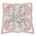 Detailed view of the vintage square scarf with elegant floral print and pink clover design. - Pink Butterfly Floral