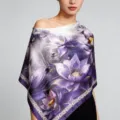 Elegant purple lotus floral print silk scarf for women, lightweight draped shawl for daily wear. - Purple Lotus Satin Scarves
