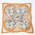 Detailed view of the retro floral square silk scarf, featuring an elegant orange border. - Orange Yellow Butterfly Floral