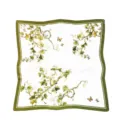 Detail view of vintage botanical silk scarf with green border and butterfly print for women. - Grape Green
