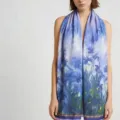 Elegant blue floral printed long silk scarf for women, lightweight stylish shawl for daily wear. - Violet Satin Scarves