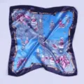 Elegant blue printed silk square scarf with luxury chain and perfume bottle motifs for women. - Patchwork Blue Floral Silk Scarves
