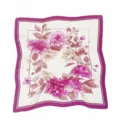 Detailed view of the vintage floral print square silk scarf with a stylish dark pink border. - Purple Red Peony