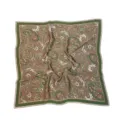 Detailed view of vintage paisley print square silk scarf, elegant green and red floral pattern. - Green Paisley