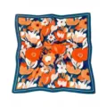 Vintage floral print square silk scarf with bold orange flowers and chic dark blue border. - Floral Blue