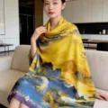 Women's printed long silk scarf elegant landscape shawl yellow lightweight fashion accessory - Ink Wash Landscape Satin Scarf