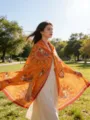 Elegant orange silk scarf with traditional mural print, stylish long women shawl for outdoor. - Palace Style Satin Scarves