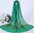 Green sheer scarf with gold peacock feather print, elegant long shawl for women summer beach wrap - Grass Green Silk Scarf