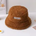 Brown plush bucket hat with cozy fleece texture and front label, warm winter daily wear. - M (56-58cm) / Coffee