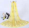 Yellow sheer scarf with gold peacock feather pattern, elegant lightweight beach wrap for women. - Yellow Silk Scarf