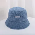 Blue Lamb Wool Bucket Hat for Women, Winter Warm Plush Basin Hat with Cute Letter Embroidery - M (56-58cm) / Dark Blue