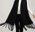 Écharpe à franges noire classique, écharpe tricotée chaude d'hiver effet cachemire doux. - Écharpe épaisse noire