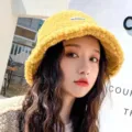 Yellow sherpa bucket hat for women winter warm fuzzy plush fisherman cap soft lamb wool - M (56-58cm) / Turmeric