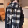 Écharpe à carreaux noir et gris classique avec franges pour femme hiver chaud cachemire doux - Écharpe épaisse à petits carreaux noir et beige