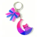 Colorful glitter bow and crescent moon cat keychain, cute bag charm pendant for women and girls. - Pink Blue Gradient Cat with Bowknot Style (5)